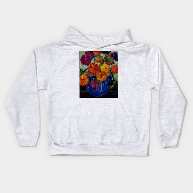 Some abstract vibrant colorful flowers in a glass vase with gold accent on base and top of vase Kids Hoodie by kkartwork